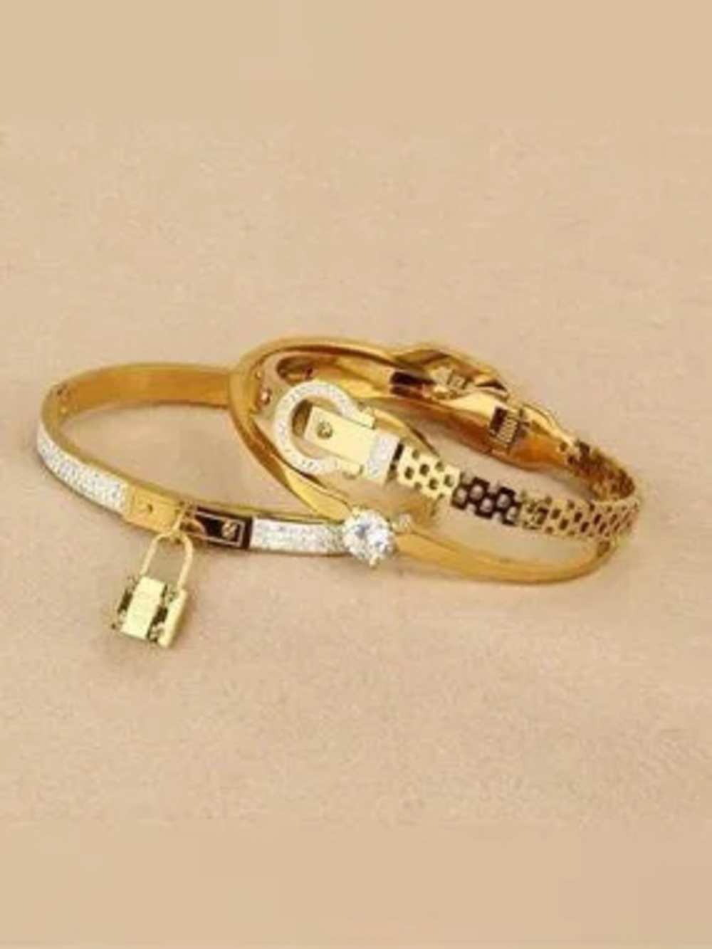 Gold Plated Stainless Steel 3-Piece Bracelet Set Lock,Buckle & Solitaire Design